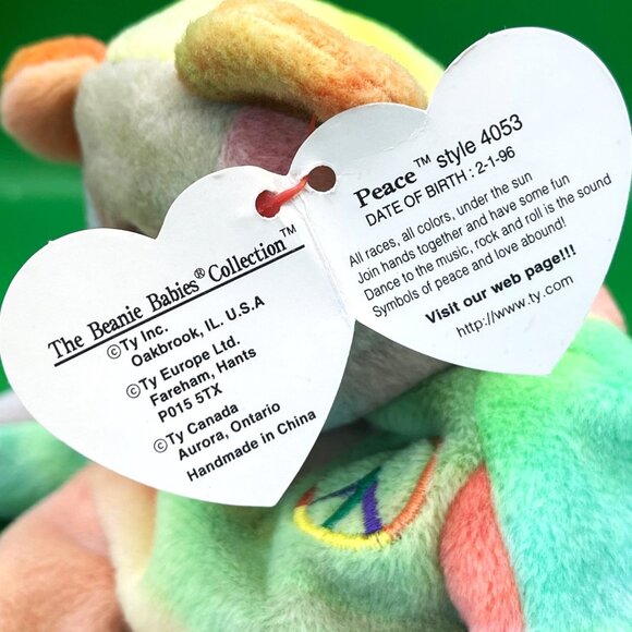 VTG TY Beanie Baby PEACE Bear 1996 Style 4053 Rainbow Tie-Dye MWMT Beanbag Plush - Picture 4 of 9